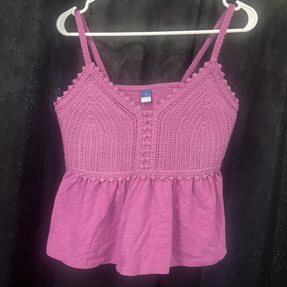 Old Navy Women's S Crochet Tank Top Boho Pink Smocked Babydoll Cami
